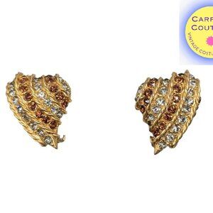 Vintage Signed Rifas Faux-Topaz & Clear Rhinestone Striped Heart Clip Earrings